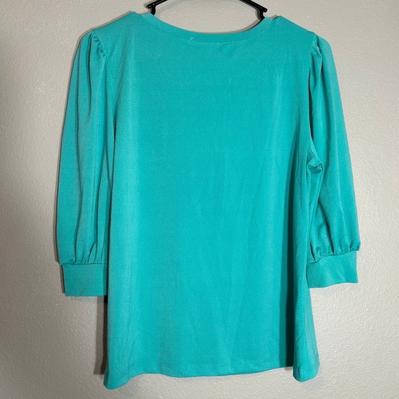 Notations Embellished Top Blouse 3/4 Sleeve Jewel Neck Teal Blue Size PM - Picture 3 of 7